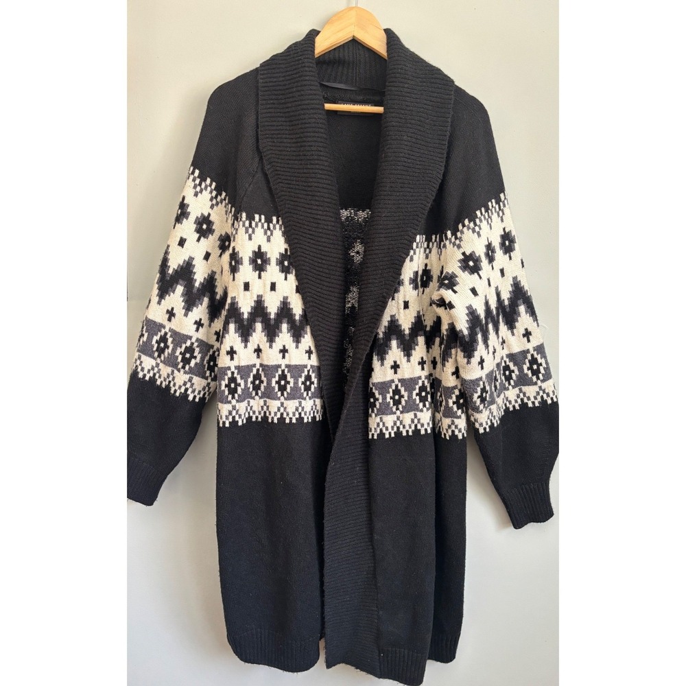Lane Bryant 18/20 Cardigan‎ Sweater Black Geometric Fair Isle Long Open Front